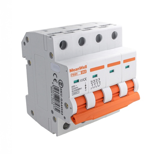 [GA44563] MeanWell MCB Interruttore Magnetotermico Automatico Curva D 4P 4M 10000A D63A AC 400V IP20 IEC60898-1 PB8H
