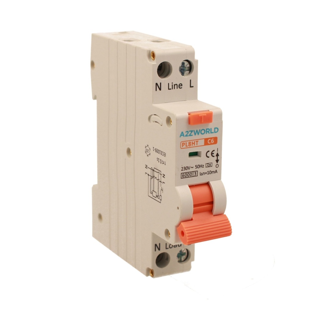 A2ZWORLD RCBO Interruttore Magnetotermico Differenziale Tipo A Curva C 1P+N 1M 6000A 10mA Per Zone Umide AC 230V IP20 IEC61009-1 PL8HT, Corrente Disponibili 6A 10A 16A 20A 25A 32A