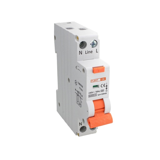 [GB67706] A2ZWORLD RCBO Interruttore Magnetotermico Differenziale Tipo A Curva C 1P+N 1M 6000A 10mA Per Zone Umide C6A AC 230V IP20 IEC61009-1 PL8HT
