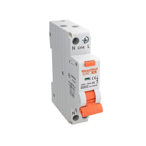 [GB67706] MeanWell RCBO Interruttore Magnetotermico Differenziale Tipo A Curva C 1P+N 1M 6000A 10mA Per Zone Umide C6A AC 230V IP20 IEC61009-1 PL8HT
