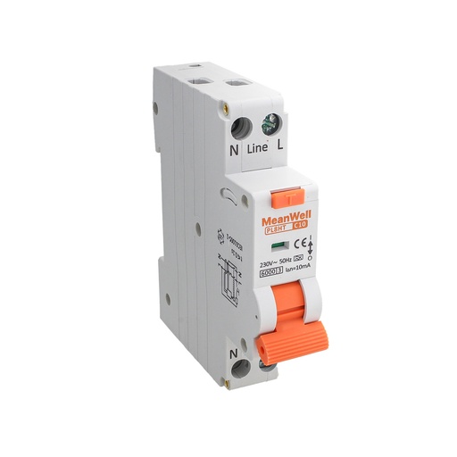 [GB67710] MeanWell RCBO Interruttore Magnetotermico Differenziale Tipo A Curva C 1P+N 1M 6000A 10mA Per Zone Umide C10A AC 230V IP20 IEC61009-1 PL8HT