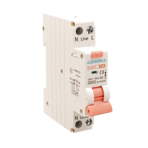 [GB67716] RCBO Interruttore Magnetotermico Differenziale Tipo A Curva C 1P+N 1M 6000A 10mA Per Zone Umide C16A AC 230V IP20 IEC61009-1 PL8HT