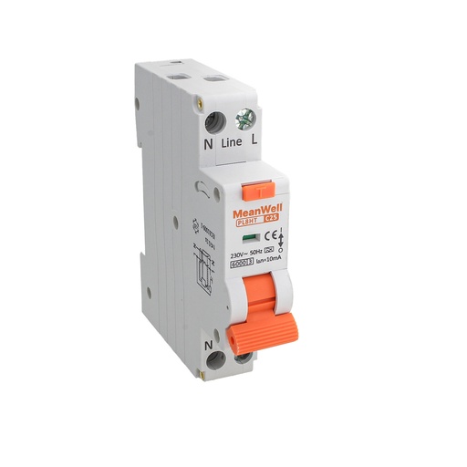 [GB67725] MeanWell RCBO Interruttore Magnetotermico Differenziale Tipo A Curva C 1P+N 1M 6000A 10mA Per Zone Umide C25A AC 230V IP20 IEC61009-1