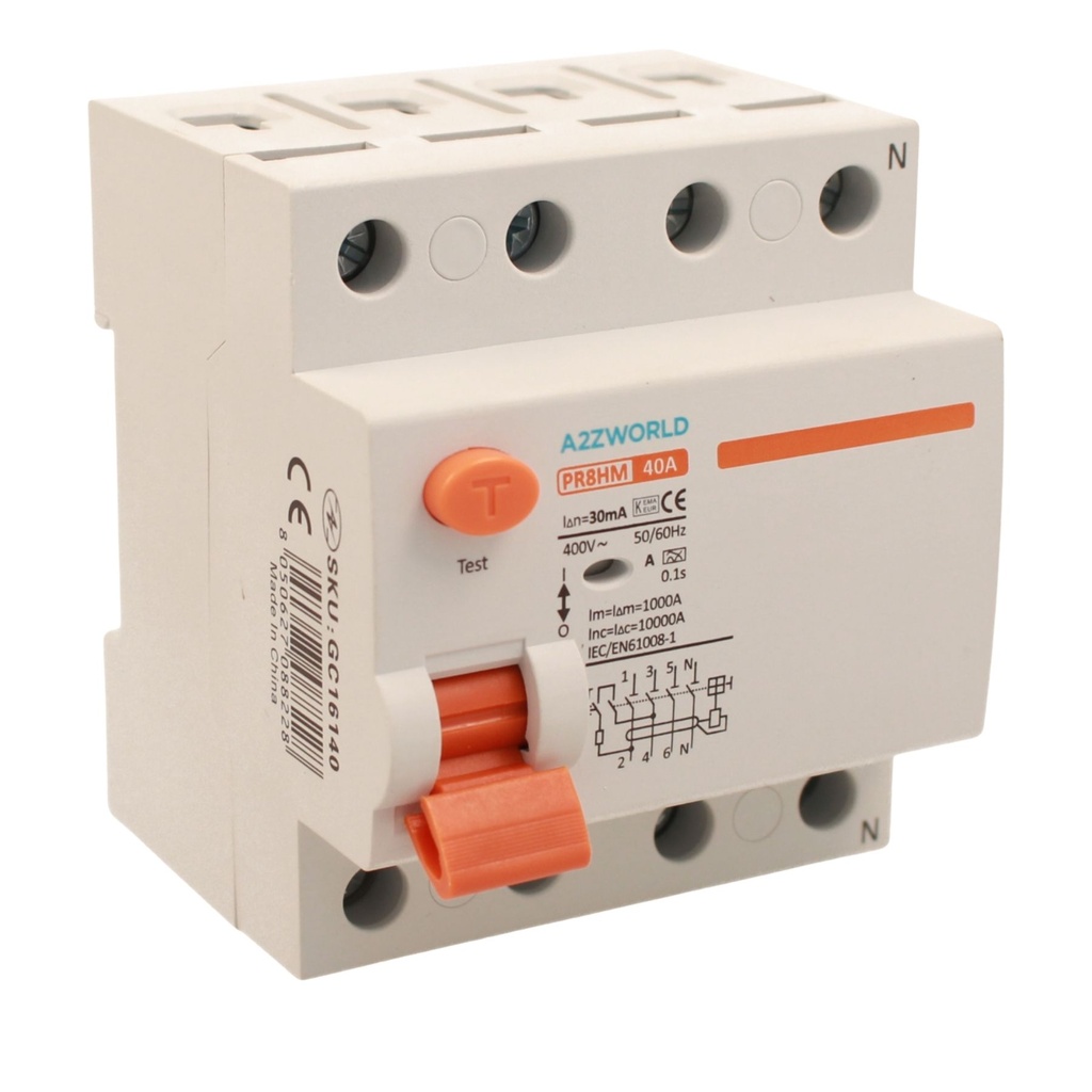 A2ZWORLD RCCB Interruttore Differenziale Puro Tipo A 3P+N 4M 10000A 30mA AC 400V IP20 IEC61008-1 PR8HM