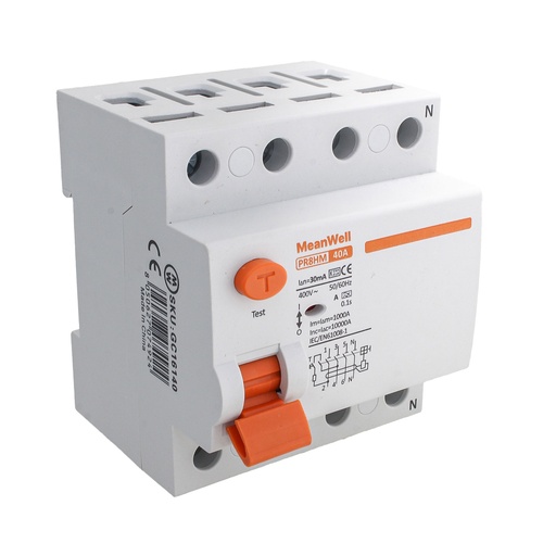 [GC16140] MeanWell RCCB Interruttore Differenziale Puro Tipo A 3P+N 4M 10000A 30mA 40A AC 400V IP20 IEC61008-1