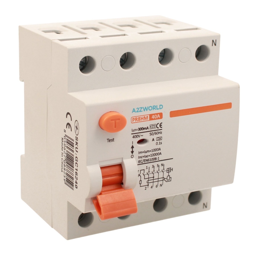 A2ZWORLD RCCB Interruttore Differenziale Puro Tipo A 3P+N 4M 10kA 300mA AC 400V IP20 IEC61008-1 PR8HM, Corrente Disponibili 40A 63A 100A