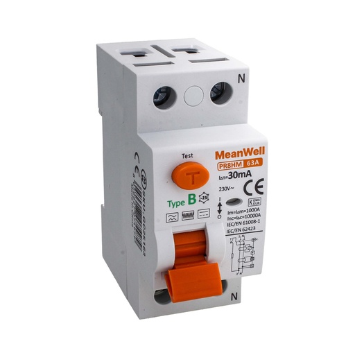 [GC25163] MeanWell RCCB Interruttore Differenziale Puro Tipo B 1P+N 2M 10000A 30mA 63A AC 230V IP20 IEC61008-1 / IEC62423