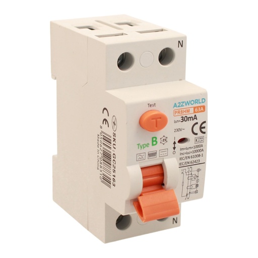 [GC25163] RCCB Interruttore Differenziale Puro Tipo B 1P+N 2M 10000A 30mA 63A AC 230V IP20 IEC61008-1 / IEC62423 PR8HM