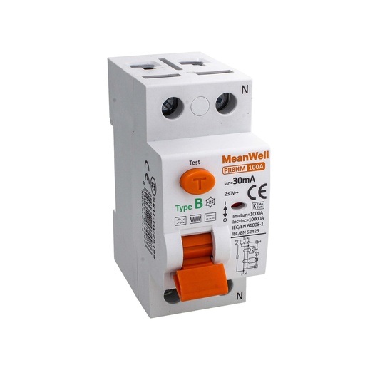 [GC25199] MeanWell RCCB Interruttore Differenziale Puro Tipo B 1P+N 2M 10000A 30mA 100A AC 230V IP20 IEC61008-1 / IEC62423