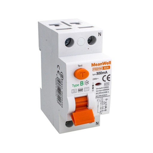 [GC25240] MeanWell RCCB Interruttore Differenziale Puro Tipo B 1P+N 2M 10000A 300mA 40A AC 230V IP20 IEC61008-1 / IEC62423
