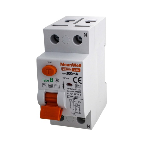 [GC25263] MeanWell RCCB Interruttore Differenziale Puro Tipo B 1P+N 2M 10000A 300mA 63A AC 230V IP20 IEC61008-1 / IEC62423