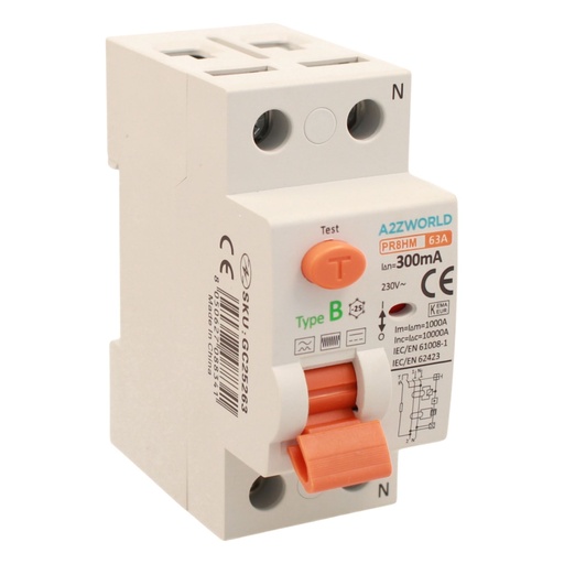 [GC25263] RCCB Interruttore Differenziale Puro Tipo B 1P+N 2M 10000A 300mA 63A AC 230V IP20 IEC61008-1 / IEC62423 PR8HM