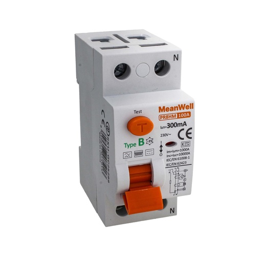 [GC25299] MeanWell RCCB Interruttore Differenziale Puro Tipo B 1P+N 2M 10000A 300mA 100A AC 230V IP20 IEC61008-1 / IEC62423