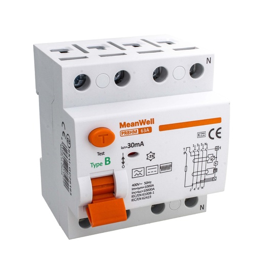 [GC26163] MeanWell RCCB Interruttore Differenziale Puro Tipo B 3P+N 4M 10000A 30mA 63A AC 400V IP20 IEC61008-1 / IEC62423