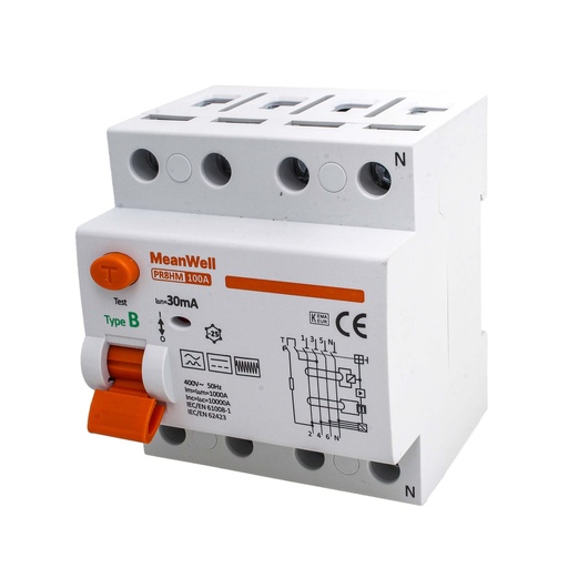 [GC26199] MeanWell RCCB Interruttore Differenziale Puro Tipo B 3P+N 4M 10000A 30mA 100A AC 400V IP20 IEC61008-1 / IEC62423