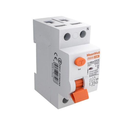 [GC85263] MeanWell RCCB Interruttore Differenziale Selettivo Tipo S Classe A 1P+N 2M 10000A 300mA Ritardo 500ms 63A AC 230V IP20 IEC61008-1