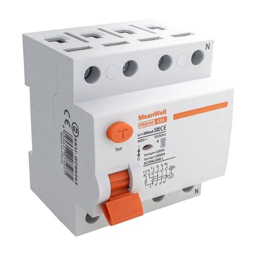 [GC86263] MeanWell RCCB Interruttore Differenziale Selettivo Tipo S Classe A 3P+N 4M 10000A 300mA Ritardo 500ms 63A AC 400V IP20 IEC61008-1