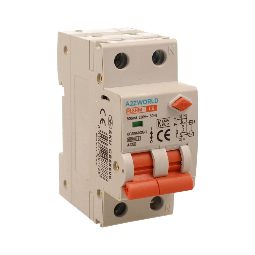 A2ZWORLD RCBO Doppia Leva, Interruttore Magnetotermico Differenziale Tipo A Curva C 1P+N 2M 6000A 300mA AC 230V IP20 IEC61009-1 PL8HM, Corrente Disponibili 6A 10A 16A 20A 25A 32A