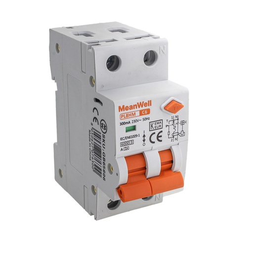 [GB65606] MeanWell RCBO Interruttore Magnetotermico Differenziale Tipo A Curva C 1P+N 2M 6000A 300mA  C6A  AC 230V IP20 IEC61009-1