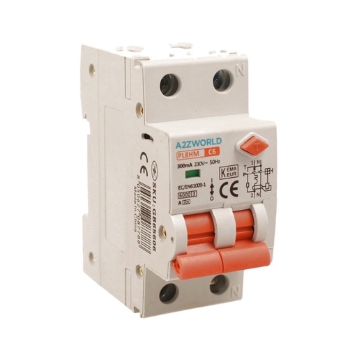 [GB65606] RCBO Doppia Leva, Interruttore Magnetotermico Differenziale Tipo A Curva C 1P+N 2M 6000A 300mA C6A AC 230V IP20 IEC61009-1 PL8HM