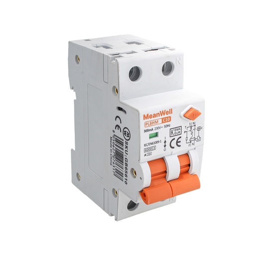 [GB65610] MeanWell RCBO Interruttore Magnetotermico Differenziale Tipo A Curva C 1P+N 2M 6000A 300mA  C10A  AC 230V IP20 IEC61009-1