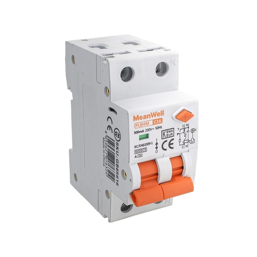 [GB65616] MeanWell RCBO Interruttore Magnetotermico Differenziale Tipo A Curva C 1P+N 2M 6000A 300mA  C16A  AC 230V IP20 IEC61009-1