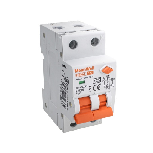 [GB65620] MeanWell RCBO Interruttore Magnetotermico Differenziale Tipo A Curva C 1P+N 2M 6000A 300mA  C20A  AC 230V IP20 IEC61009-1