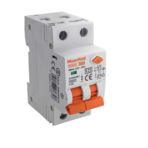 [GB65625] MeanWell RCBO Interruttore Magnetotermico Differenziale Tipo A Curva C 1P+N 2M 6000A 300mA  C25A  AC 230V IP20 IEC61009-1