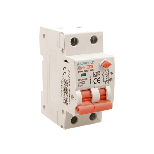 [GB65625] RCBO Doppia Leva, Interruttore Magnetotermico Differenziale Tipo A Curva C 1P+N 2M 6000A 300mA C25A AC 230V IP20 IEC61009-1 PL8HM