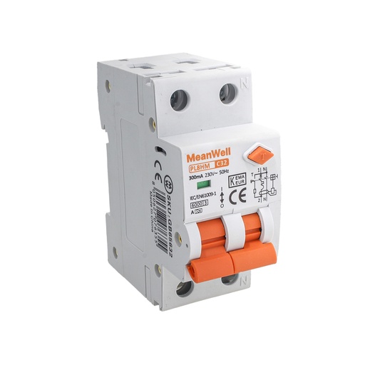 [GB65632] MeanWell RCBO Interruttore Magnetotermico Differenziale Tipo A Curva C 1P+N 2M 6000A 300mA  C32A  AC 230V IP20 IEC61009-1