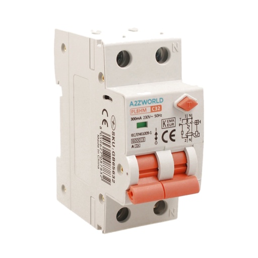 [GB65632] RCBO Doppia Leva, Interruttore Magnetotermico Differenziale Tipo A Curva C 1P+N 2M 6000A 300mA C32A AC 230V IP20 IEC61009-1 PL8HM