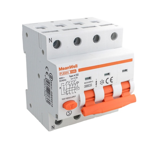 [GB66610] MeanWell RCBO Interruttore Magnetotermico Differenziale Tipo A Curva C 3P+N 4M 6000A 300mA  C10A  AC 400V IP20 IEC61009-1