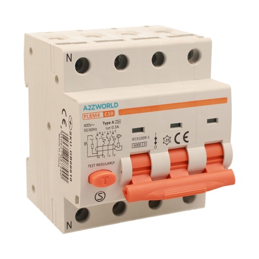 [GB66610] RCBO Interruttore Magnetotermico Differenziale Tipo A Curva C 3P+N 4M 6000A 300mA C10A AC 400V IP20 IEC61009-1 PL8M4
