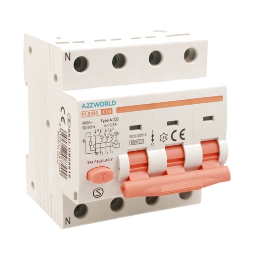 [GB66610] RCBO Interruttore Magnetotermico Differenziale Tipo A Curva C 3P+N 4M 6000A 300mA C10A AC 400V IP20 IEC61009-1 PL8M4