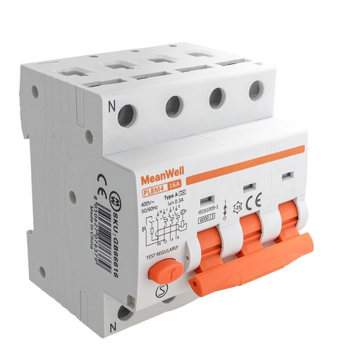 [GB66616] MeanWell RCBO Interruttore Magnetotermico Differenziale Tipo A Curva C 3P+N 4M 6000A 300mA  C16A  AC 400V IP20 IEC61009-1