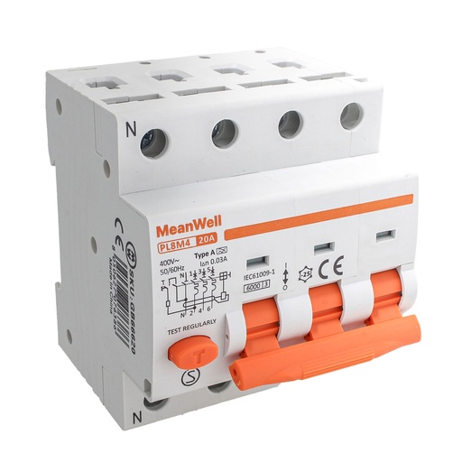 [GB66620] MeanWell RCBO Interruttore Magnetotermico Differenziale Tipo A Curva C 3P+N 4M 6000A 300mA  C20A  AC 400V IP20 IEC61009-1