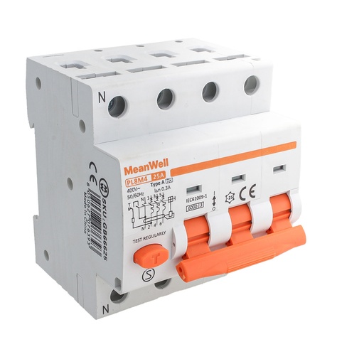 [GB66625] MeanWell RCBO Interruttore Magnetotermico Differenziale Tipo A Curva C 3P+N 4M 6000A 300mA  C25A  AC 400V IP20 IEC61009-1
