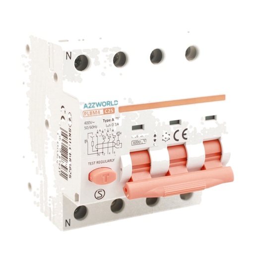[GB66625] RCBO Interruttore Magnetotermico Differenziale Tipo A Curva C 3P+N 4M 6000A 300mA C25A AC 400V IP20 IEC61009-1 PL8M4