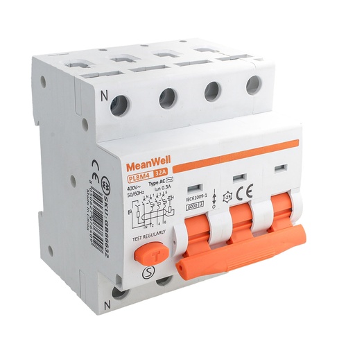 [GB66632] MeanWell RCBO Interruttore Magnetotermico Differenziale Tipo A Curva C 3P+N 4M 6000A 300mA  C32A  AC 400V IP20 IEC61009-1