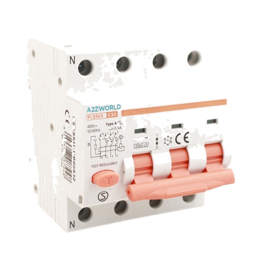 [GB66632] RCBO Interruttore Magnetotermico Differenziale Tipo A Curva C 3P+N 4M 6000A 300mA C32A AC 400V IP20 IEC61009-1 PL8M4