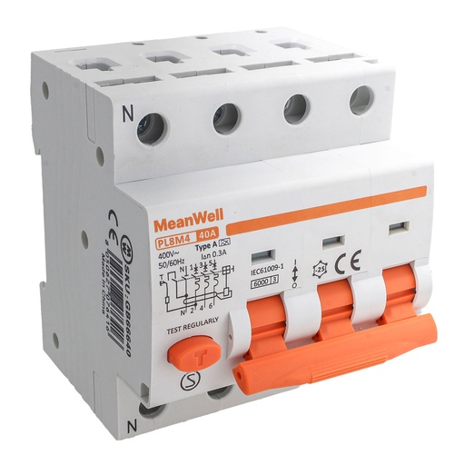 [GB66640] MeanWell RCBO Interruttore Magnetotermico Differenziale Tipo A Curva C 3P+N 4M 6000A 300mA  C40A  AC 400V IP20 IEC61009-1