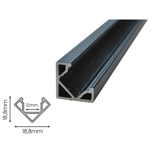 [BAZ1919BM2] 2 Metri Profilo Barra Alluminio Angolare 45 Gradi Colore Nero 18,8X18,8mm Interno 12mm