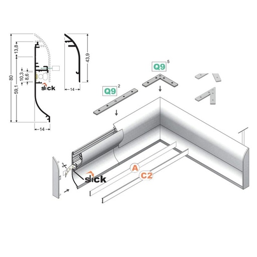 [BAZ8014WM3] 3 Metri Profilo Barra Alluminio Per Battiscopa 80X14mm Colore Bianco Compasto Da Base Di Montaggio e Profilo a Vista