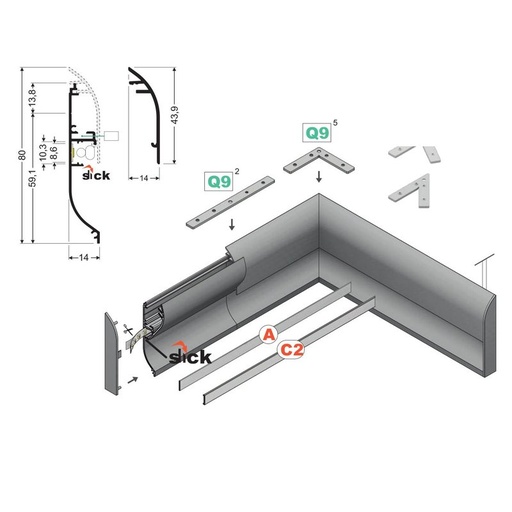 [BAZ8014M3] 3 Metri Profilo Barra Alluminio Battiscopa 80x14mm Silver con Base Montaggio e Profilo a Vista