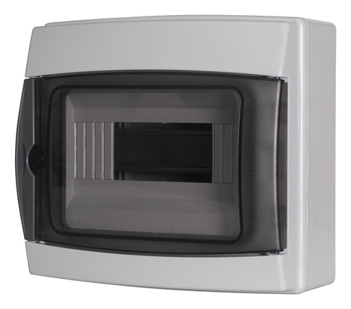 [MME40108] MeanWell centralino da parete 8 moduli con portello fumé, grigio RAL 7035, 200x180x100 mm, IP65, ideale per installazioni elettriche interne ed esterne
