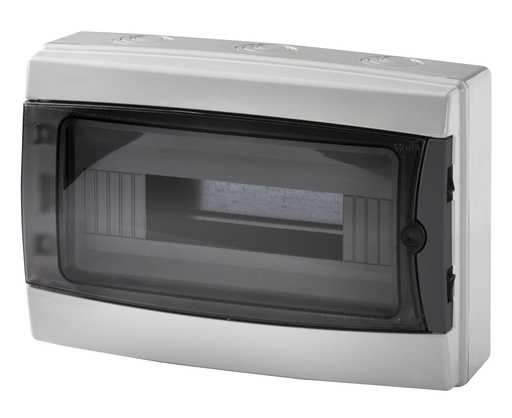 [MME40112] Centralino da parete 12 moduli con portello fumé, grigio RAL 7035, 280x220x100 mm, IP65, ideale per installazioni elettriche interne ed esterne