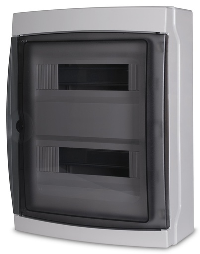 [MME40124] Centralino da parete 24 moduli con portello fumé, grigio RAL 7035, 290x290x140 mm, IP65, ideale per installazioni elettriche interne ed esterne