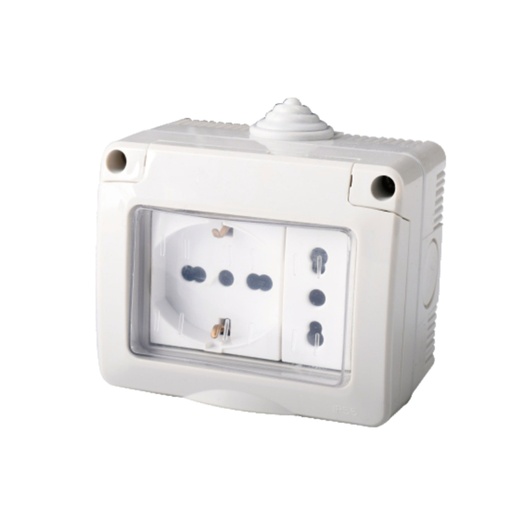 [AP83606] Kit Contenitore Cassetta Elettrica Esterna 1 Presa Schuko Universale +1 Presa Bipasso Con Coperchio Stagno IP55, Montaggio Da Parete Esterno,Omologato IMQ