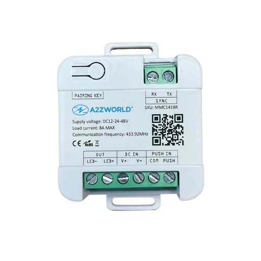 [MMC1418R] A2ZWORLD LED Dimmer Con Pulsante e RF 433MHz Via Radio, Regolatore di Intensità 12V 24V 48V 8A, Controllo Wireless, IP20