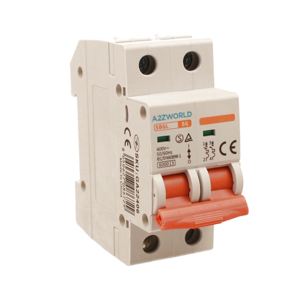 A2ZWORLD MCB Interruttore Magnetotermico Automatico Curva B 2P 2M 6000A AC 400V IP20 SB6L, Corrente Disponibili 6A 10A 16A 20A 25A 32A 40A 50A 63A 